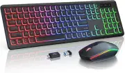 Wireless Keyboard and Mouse Combo - RGB Backlit, Rechargeable & Light up Lett...