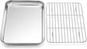 Toaster Oven Tray and Rack Set,P&P CHEF Stainless Steel Broiler Baking Pan with Cooling Rack, Rectangle 10.5''x8''x1'', Non Toxic & Dishwasher Safe