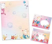 Writing Paper Set Letter Pad with Envelope for Boys Girls Kids Animals Cat Mermaid (A4 Pad with 25 Sheets + 15 Envelopes)