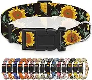 Seyezo Dog Collar for Boys Girls, Sunflower Puppy Collar for Small Medium Large Dogs, Adjustable Soft Floral Pet Collar with Safety Buckle for Male Females(Black Sunflower,S)