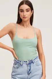 Green Singlet Top Sleeveless Cotton - Size XS, Women's Singlet