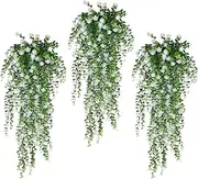 3Pcs Artificial Fake Hanging Plants Simulated Faux Fern Outdoor UV Resistant Plastic Greenery Flowers Plant Vine For Decorations Home Room Wall Garden Courtyard Wedding Party Balcony Decor(White)