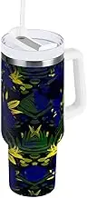 RPLIFE Tropical Flower Yellow Blue 40 Oz Tumbler with Handle, Stainless Steel Tumbler with Straw, Travel Coffee Tumbler