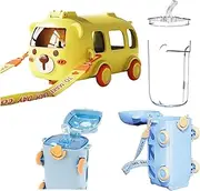 Portable Water Cup in Bus Shape, 360° Leak-Proof Water Bottle with Straw and Strap, 17oz/ 500ml Cute Bus Water Bottle with Shoulder Strap, Bounce Flip Top Straw Water Bottle for Kids