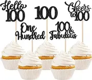 Xsstarmi 30 Pack Happy 100th Birthday Cupcake Toppers Black Glitter Hello 100 Fabulous One Hundred Cupcake Picks Cheers to 100 Years Cake Decorations for Happy 100th Birthday Party Supplies