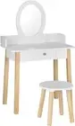 Dressing Table Stool Set with Mirror Drawer, 2 in 1 Children Dresser Makeup Des