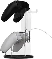Acrylic Controller Holder – gamings stand, desk mount | 2-tier universall display rack, headset hook organizer, clear acrylic shelf for controller storage, gamers setup, accessories for men
