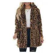 Fall Winter Women Coat Thick Plush Print Lapel Leopard Long Sleeve Windproof Cold-proof khaki 5XL
