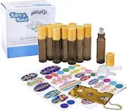 Essential Oil Bottle Kit - Includes: 10x Amber Brown Essential Oil Bottle (1/3 oz - 10 ml) 1x Tool for Opening/Sealing Bottles 78x Label (4 Sizes) 1x Mini Dropper + 1x Mini Funnel for Easy Filling
