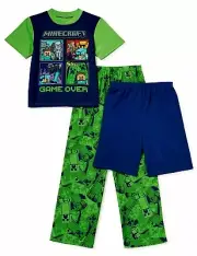 3 PC Kids Minecraft Creeper Pajamas Set Shorts T Shirt Pants Boy Girl 6 8 10 12