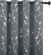 BUHUA Blackout Curtains Silver Foil Print Flower Vine Grommet Drapes, Room Darkening Thermal Insulated Curtains, Noise Reducing Curtain for Bedroom, Grey, 66Wx84L, 2 Panels