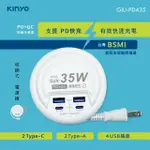 【KINYO】35W PD/QC收納智慧四孔快充分接器(TYPEC/USB充電插座延長線 GIU-PD435)