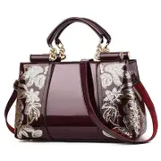 Shiny Leather Handbag with Single-sided Embroidery