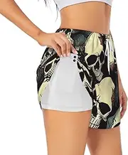 [WURTON] Skull Skeleton Print Exercise Gym Workout Shorts Women's Athletic Shorts Dual-Layered Yoga Running Shorts