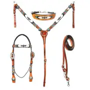 western Leather Equestrian Tooled Beaded Headstall,Breast Collar & Reins. (H063)