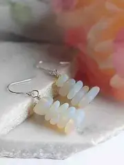Opal Moonstone Pebble Shaped Frosted Sea Glass Silver Ladies Dangle Earrings