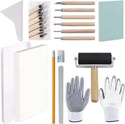 Rustark 24 Pieces Block Printing Starter Tool Kit with Whetstone, Stamp Block, Carving Tools, Tracing Papers,Pencil, Gloves,Eraser and Scrapper, Rubber Stamp Making Kit for Stamping and Printmaking