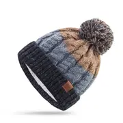 Adult Kid Children Cap Neckerchief Thickened Warm Winter Fleece Lined Knitted Hat Cuffed Beanie Skull Cap Circle Loop Scarf For Skiing Grey coffee hat_S