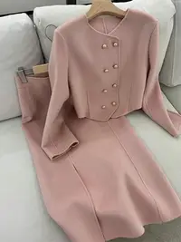在飛比找樂天市場購物網優惠-粉色小香風毛呢外套半身裙套裝女秋冬新款高級感小洋裝兩件套
