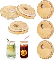 [Lyvixora] 6 PCS Bamboo Lids for Glass Cups - Reusable Wooden Lids with Straw Hole, Replacement Round Bamboo Lids for Drinking Jars, Beer Glasses & Iced Coffee