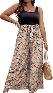[Bdwinz] Womens Plus Size Summer Printed Jumpsuit One Piece Sleeveless Tank Top Wide Leg Long Jumpsuits with Belt, 10 Khaki Dot, Large