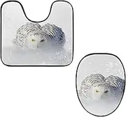 Toilet Lid Cover and U-Shaped Toilet Floor Mat Set of 2 Pieces, Snowy Owl White Rare Bird Toilet Mat Set, Machine Washable Seat Covers Non-Slip Absorbent Rugs