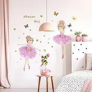 2Pcs Colorful Cute Ballerina Wall Stickers,Peel and Stick Wall Decals,Lovely Ballet Girls Butterfly Star Wall Decoration,Little Princess Wall Art Decor for Kids Nursery Bedroom Living Room Dance Room