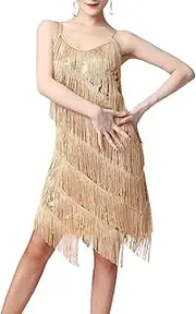 [Tadill] Women's Sequin Tassel V-Neck Rumba Ballroom Party Dress, Gold, L