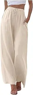 [Generic] Summer Pants for Women Linen Wide Leg Pants Drawstring High Waist Loose Fit Comfy Casual Beach Trousers Pockets 2025