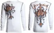 Archaic Affliction Men's Thermal shirt GODFREY Biker Tattoo Cross White