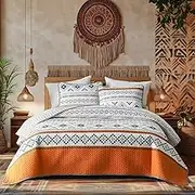 3 Pieces Orange Bohemian Style Quilt Sets Queen Size, Striped Boho Tribal Geometric Printed Bedspread with Shams Soft Lightweight for All Season (Queen/Full, 88x88 inches)