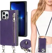 Cavor Flip Folio Cover for iPhone 13 Pro Max Case (6.7") Crossbody PU Leather Wallet Card Slots Holder Kickstand & Shoulder Lanyard Strap Handbag Zipper Purse-Purple