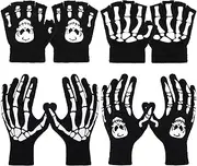 [Bencailor] 4 Pairs Halloween Skeleton Gloves Glow in the Dark Full Finger Fingerless Gloves Luminous Knit Skull Gloves Winter Warm Costume Gloves for Cosplay Accessories Kids 11-15, As Pictures Shown, suitable for junior high school students aged 11-15