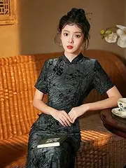 [JIMINISO] Traditional Dress for Women Flower Velvet Long Old Shanghai Retro Traditional Modern Qipao Slim Cheongsam Dress