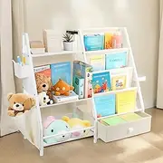 Kids Book Shelf and Toy Storage Organizer, IEMIEBSHA 3-Tier Sturdy Wooden Kids Bookcase with Drawers Pockets Hole Boards, Montessori Toddler Book Shelf for Children Rooms Bedroom Playroom Nursery