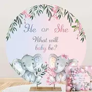 7.2x7.2ft Elephant Gender Reveal Arch Round Backdrop Cover He or She What Will The Baby Be Green Leaves Floral Photography Background Pink or Blue Gender Reveal Party Banner Supplies