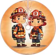 [PULaif] Little Boys and Girls in Firefighters Large Christmas Tree Skirt Xmas Tree Dress for Holiday Ornaments Party Home Indoor Decorations