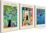 Monet Wall Art Set of 3 - Van Gogh Black Cat Flower Field Canvas Paintings Prints, Matisse Abstract Black Cat Aesthetic Pictures for Room Bedroom Living Room Bathroom 16x24 in Framed