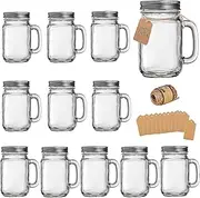 TANGLONG Mason Jar Cups, Mason Jars with Handle and Lids, Mason Jar Drinking Glasses, Glass Mason Jar Mugs 16 oz –12 Pack