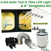2.4x2.4x2m Grow Tent Model X LED 720w Light 6" Carbon Filter Fan Ventilation Kit
