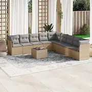 10 Piece Garden Sofa Set with Cushions Beige Poly Rattan, Conversation Sets