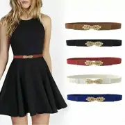 Womens Belt Stretch Elasticated Waist Belt Dress Thin Gold Metal Buckle//