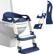 kimitimi Potty Training Toilet Seat with Step Stools Ladder for Boys Girls, Comfortable Safe Potty Chair with Handles Anti-Slip Pads Ladder for Kids Children - Navy Blue