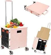 Foldable Utility Cart Folding Portable Rolling Crate Handcart Shopping Trolley Wheel Box with Lid Wear-Resistant Noiseless 360°Rotate Wheel for Travel Shopping Moving Storage Office Use (Pink)