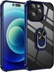 [Cavor] for iPhone 14 Pro Max Case,Clear PC Case TPU Bumper Protective Cover 360°Rotation Ring Holder Kickstand [Work with Magnetic Car Mount] (6.7")-Blue