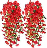 29.5 Inch Artificial Petunia Silk Flowers - 2 Pack Artificial Hanging Flowers, Fake Flowers Trailing Plants, Faux Silk Morning Glory Vines, UV-Resistant Fake Hanging Trailing Wall Flower Baskets Decor