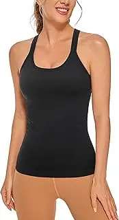 [CRZ YOGA] Womens Seamless Ribbed Racerback Tank Tops with Built in Bra - Padded Scoop Neck Slimming Athletic Long Camisole