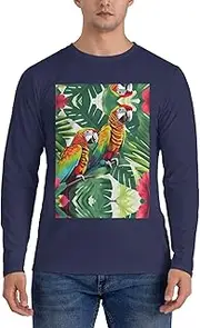 [GaxfjRu] Tropical Flower Leaf Parrot Print Casual Crewneck Lightweight Sweater Men's Long Sleeve Shirts, Sizes S-3X