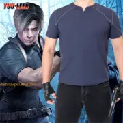 Resident Evil 4 Remake Leon Cosplay Men T-Shirts Adult Casual Blue Tops Shirts