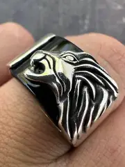 Mens Real 925 Sterling Silver Natural Black Onyx Howling Wolf Signet Dog Ring